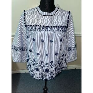 NWT Crown & Ivy Blue and White Stripe Blouse with Embroidery
